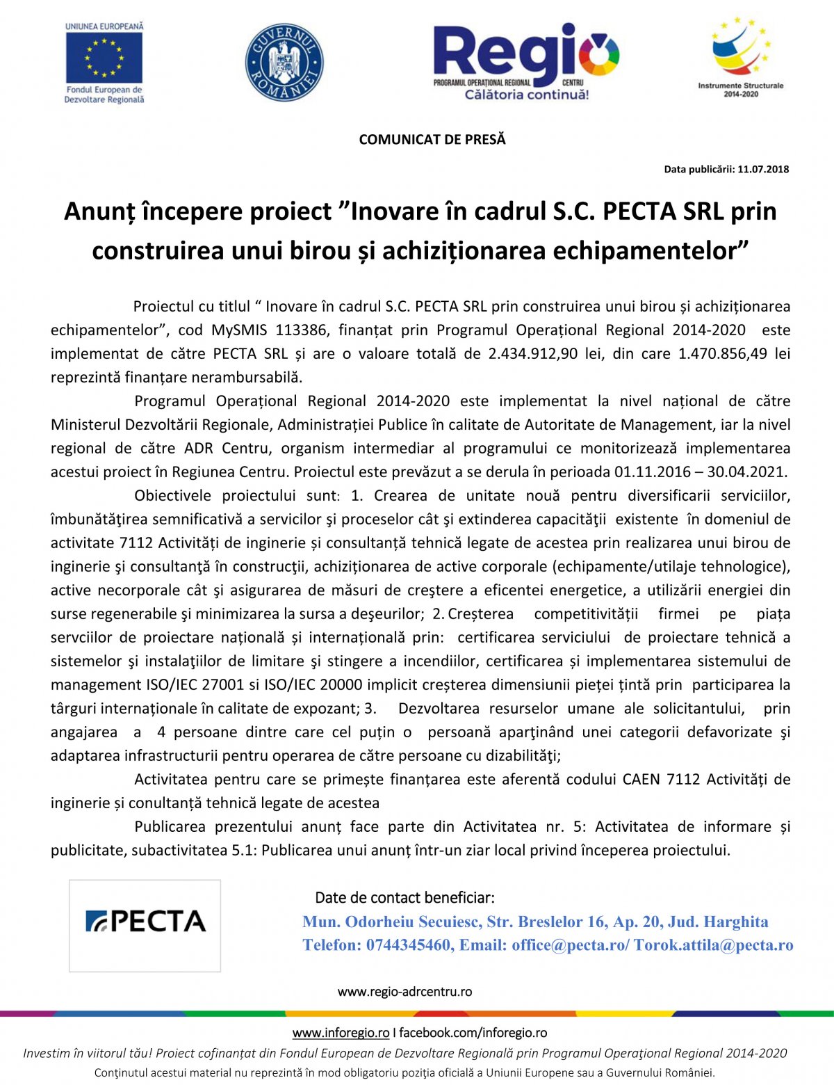 Hirdetés a PECTA Kft. újítása irodaépítés és berendezések vásárlása által nevű projekt elkezdéséről 