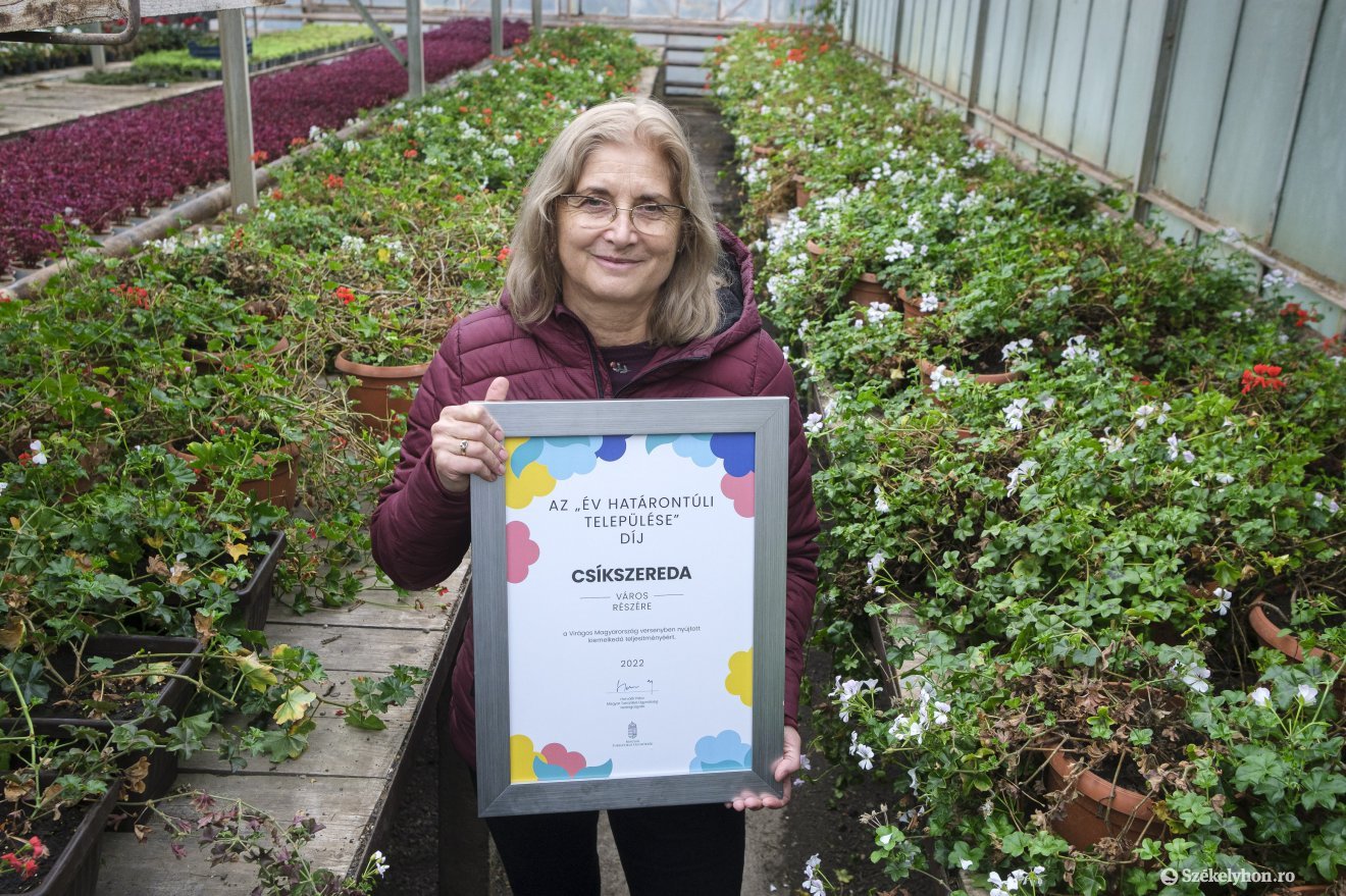 Az Év határon túli települése díjat nyerte el Csíkszereda a Virágos Magyarország versenyén. A díjat igazoló emléklapot Burista Csilla, a városi kertészet vezetője tartja •  Fotó: Veres Nándor