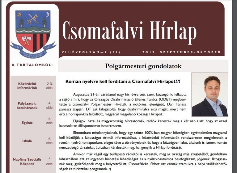 Kétezer lejes bírságot kapott Gyergyócsomafalva, mert a helyi újságot csak magyar nyelven adják ki