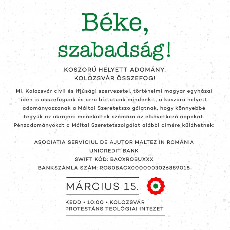 Adományokat várnak koszorúk helyett március 15-én Kolozsváron